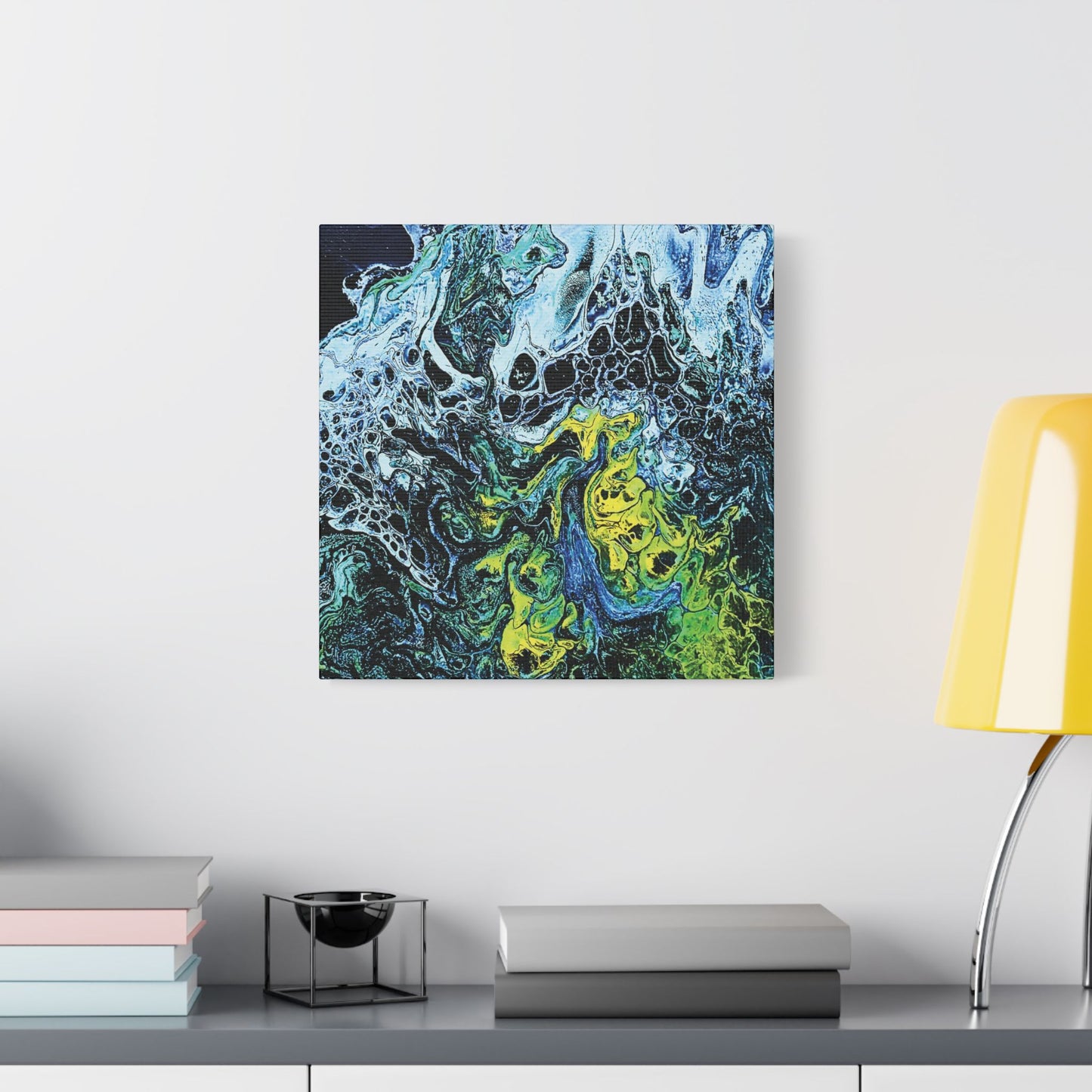 Hand Painted Abstract Ocean Fluid Art Print Satin Canvas Stretched | Blue Green Yellow