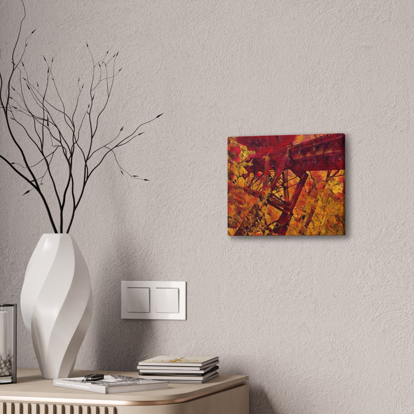 Vibrant Autumn Bridge Landscape Wall Decor