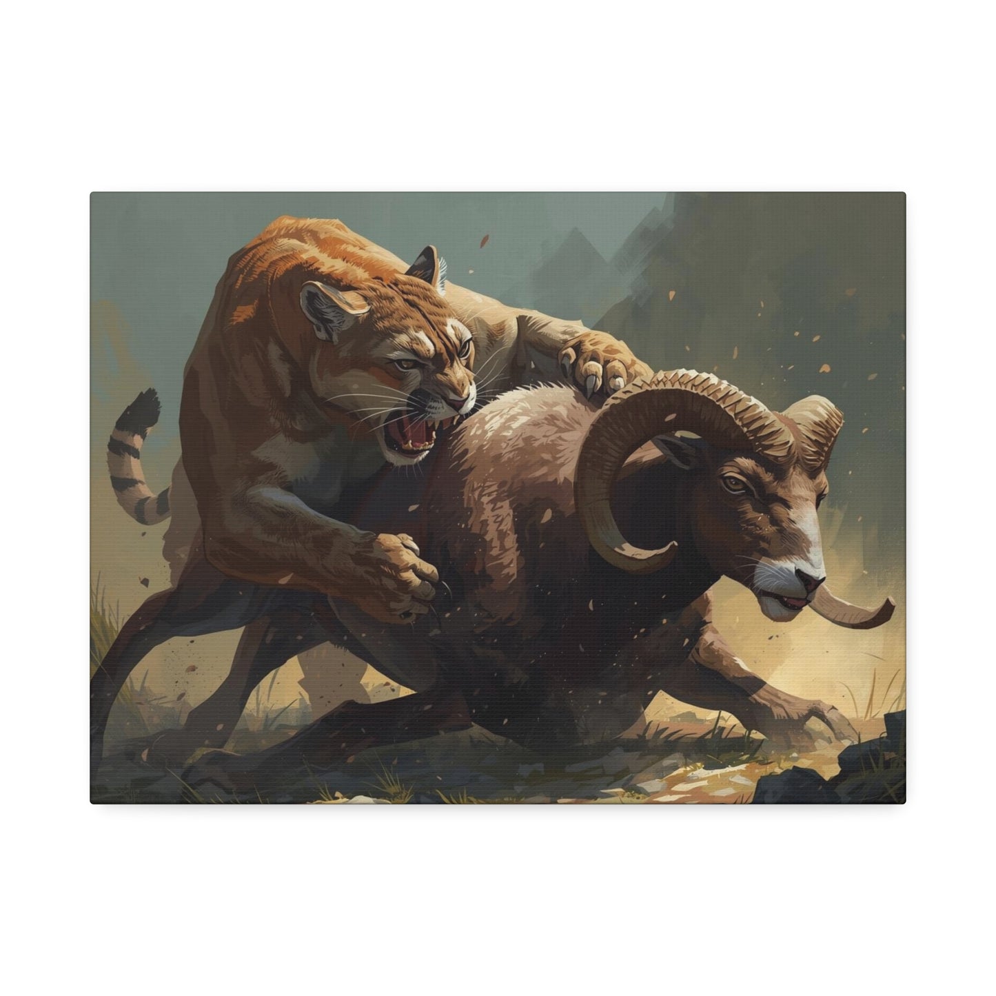 Canvas Art: Wildlife Mountain Lion vs Ram