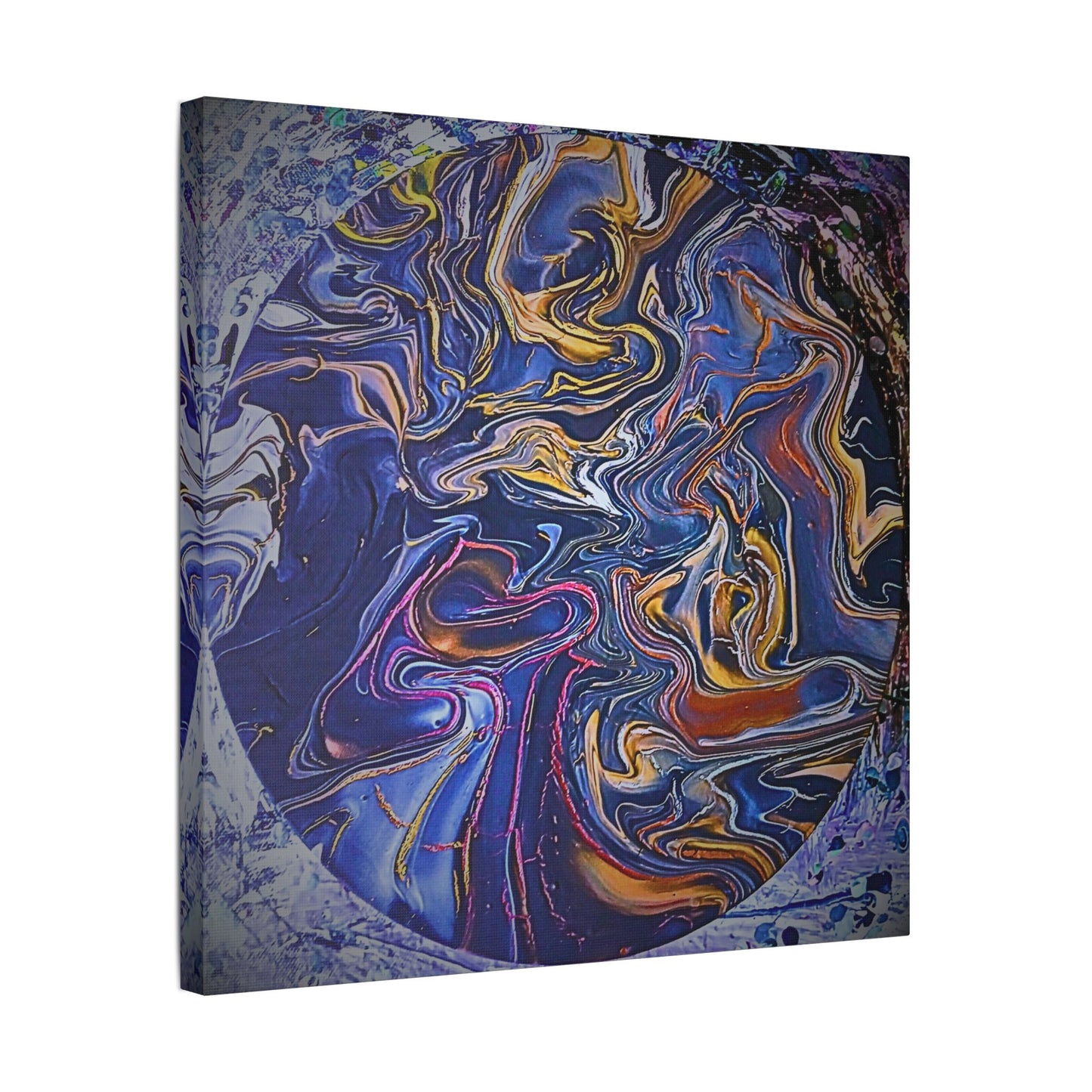Abstract Blue Gold Swirl Satin Canvas Stretched Print | Fluid Art Wall Decor