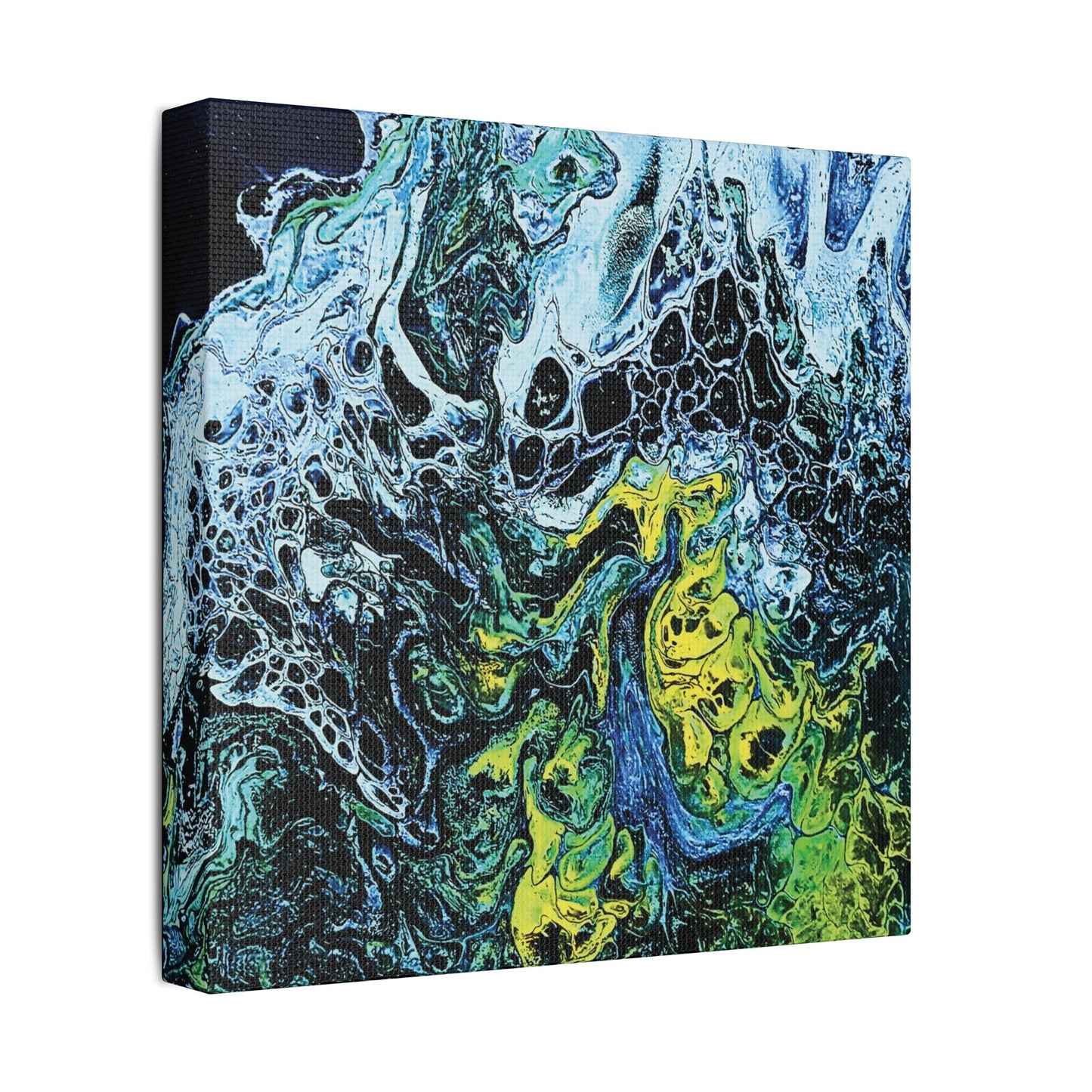 Hand Painted Abstract Ocean Fluid Art Print Satin Canvas Stretched | Blue Green Yellow