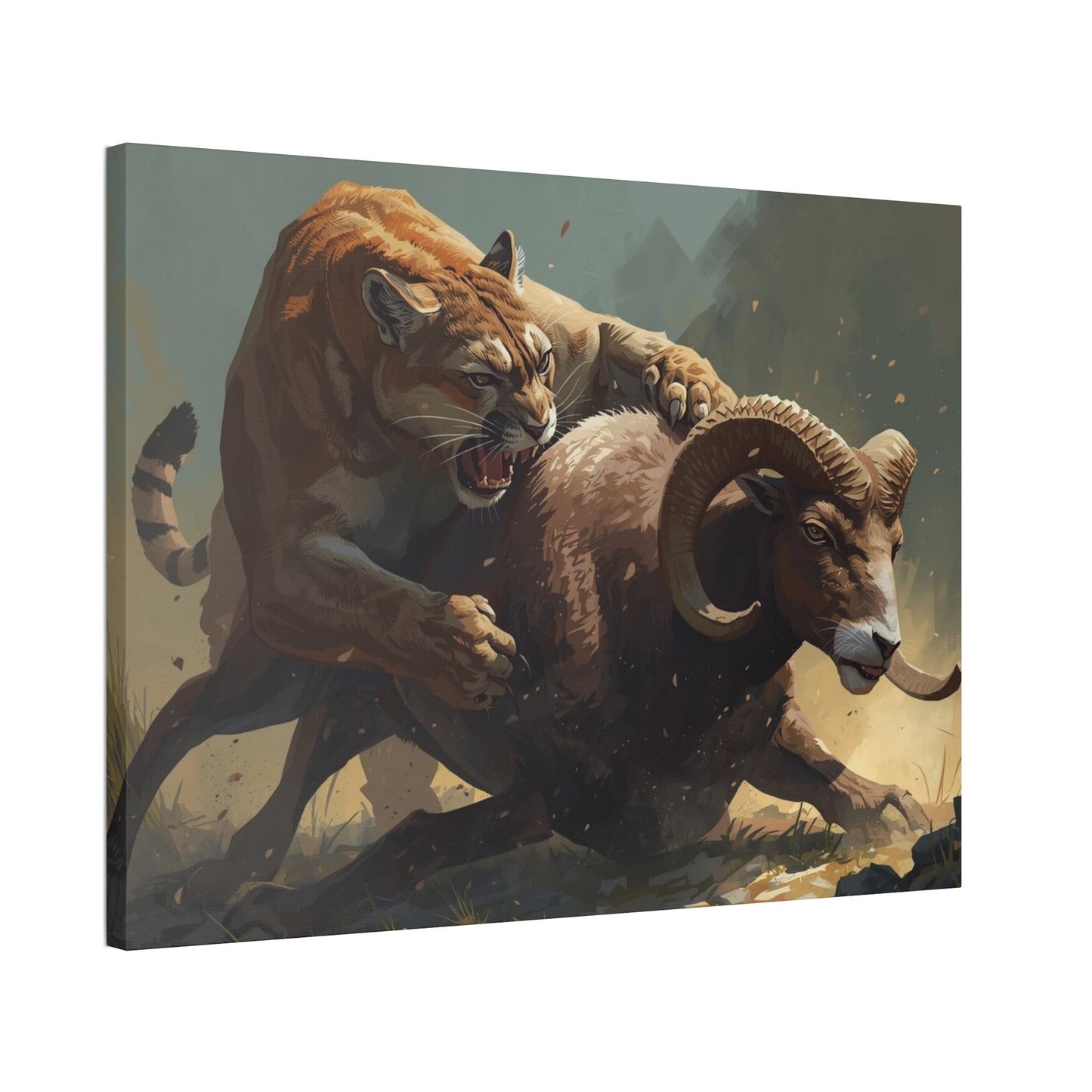 Canvas Art: Wildlife Mountain Lion vs Ram