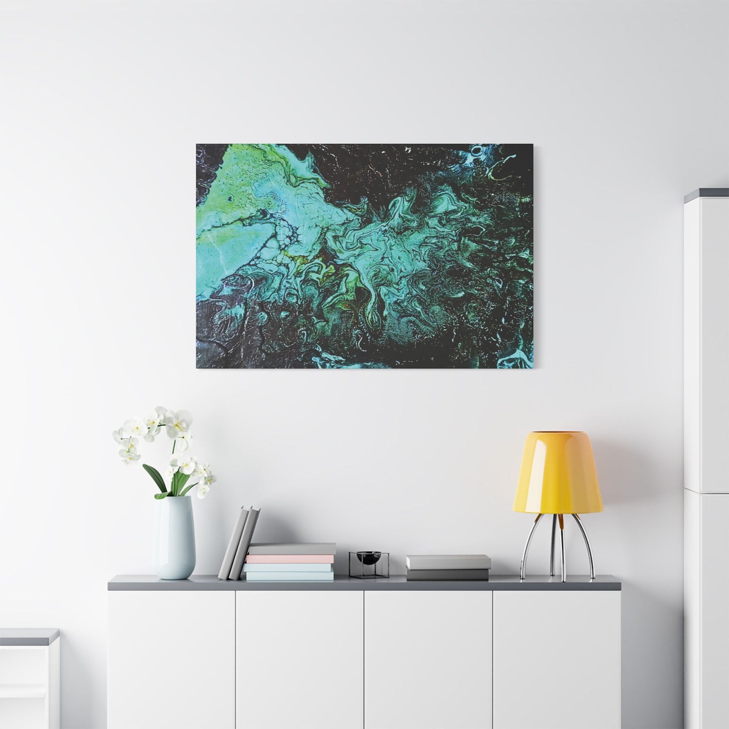 Hand Painted  "Turquoise Inception" Print Marble Abstract Satin Canvas Stretched | Fluid Art Wall Decor