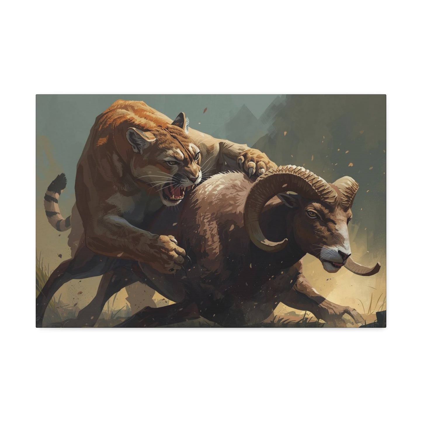 Canvas Art: Wildlife Mountain Lion vs Ram