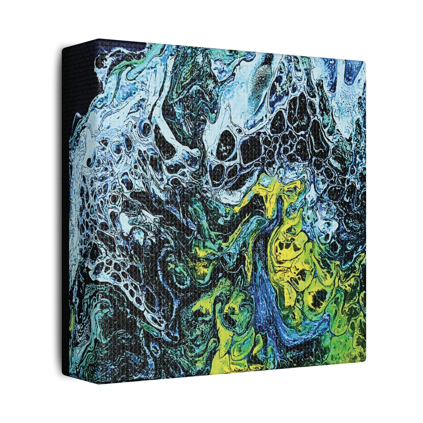 Hand Painted Abstract Ocean Fluid Art Print Satin Canvas Stretched | Blue Green Yellow