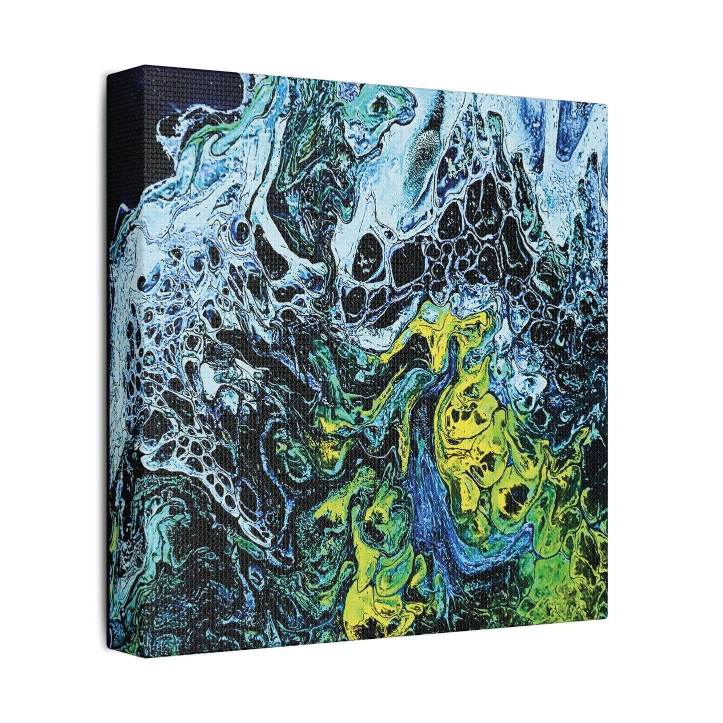 Hand Painted Abstract Ocean Fluid Art Print Satin Canvas Stretched | Blue Green Yellow