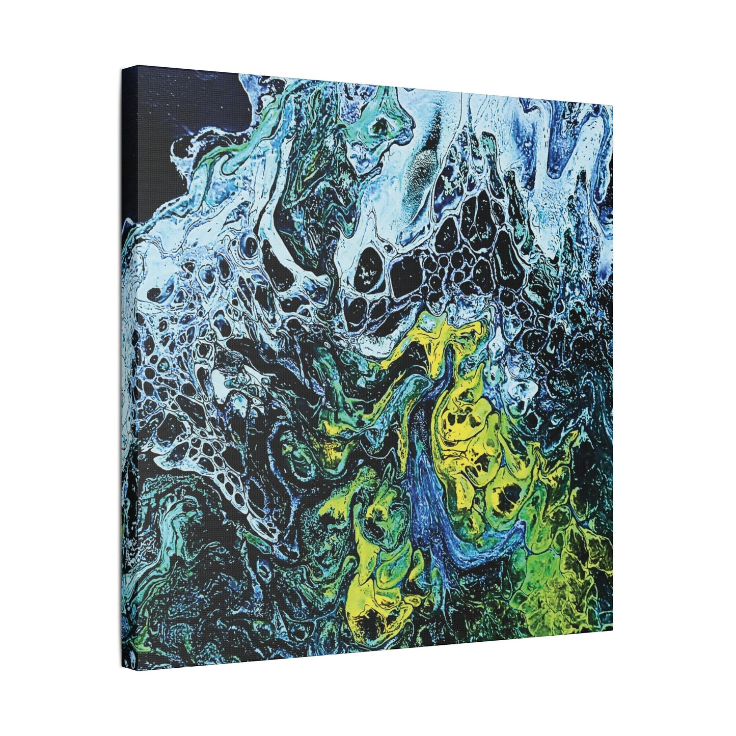 Hand Painted Abstract Ocean Fluid Art Print Satin Canvas Stretched | Blue Green Yellow