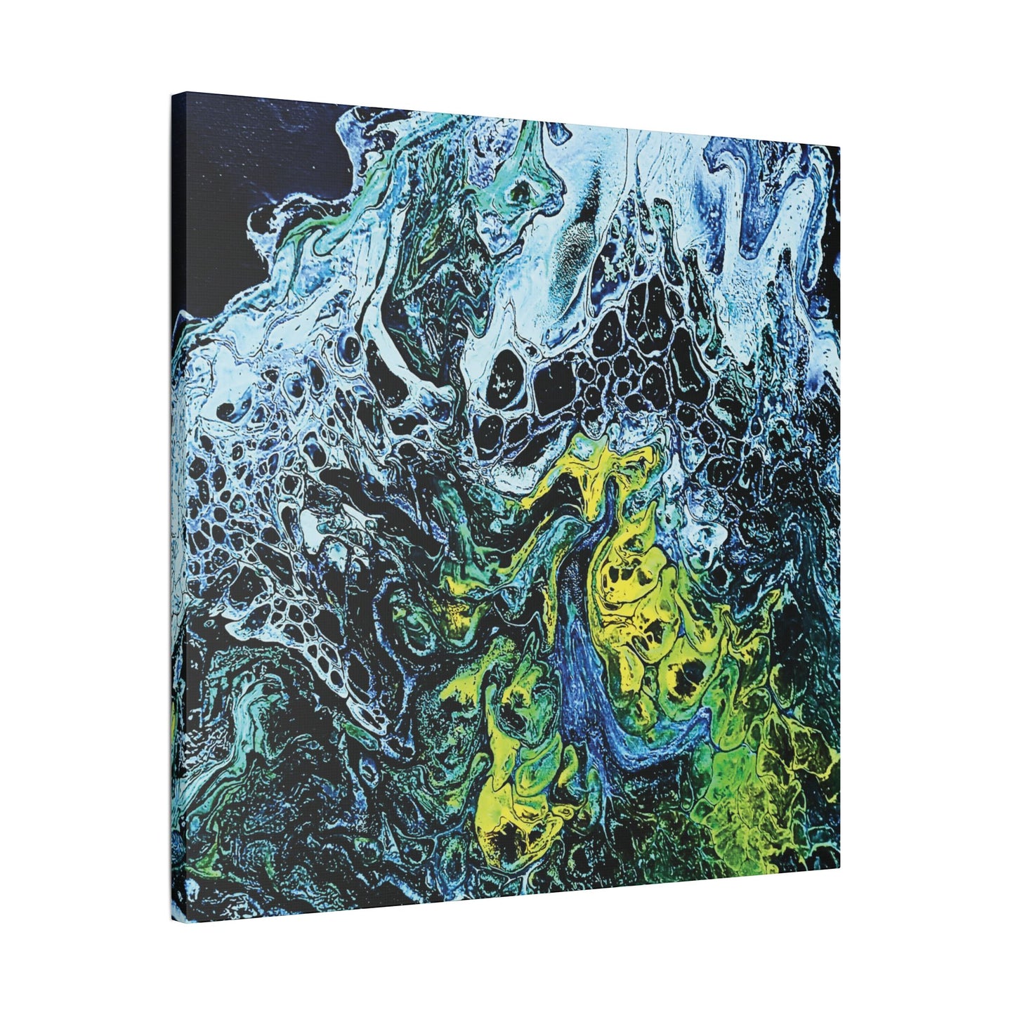 Hand Painted Abstract Ocean Fluid Art Print Satin Canvas Stretched | Blue Green Yellow