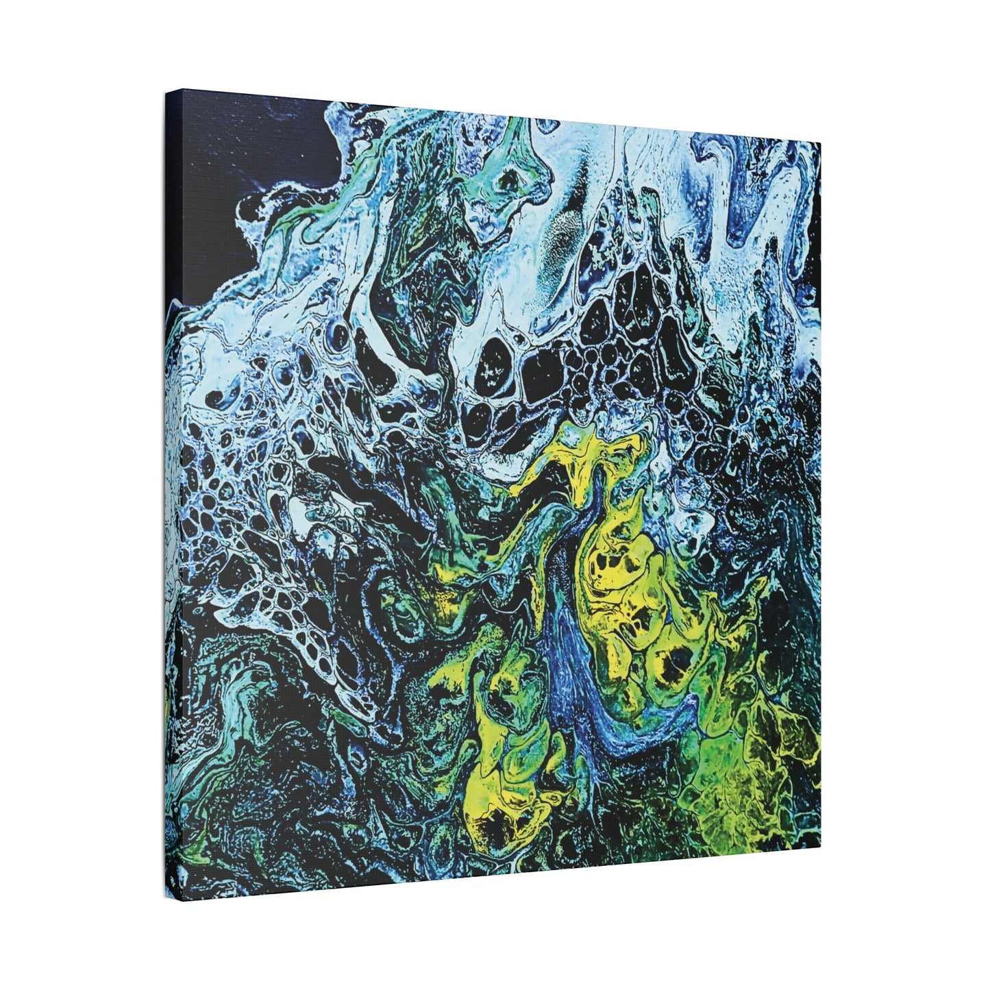 Hand Painted Abstract Ocean Fluid Art Print Satin Canvas Stretched | Blue Green Yellow
