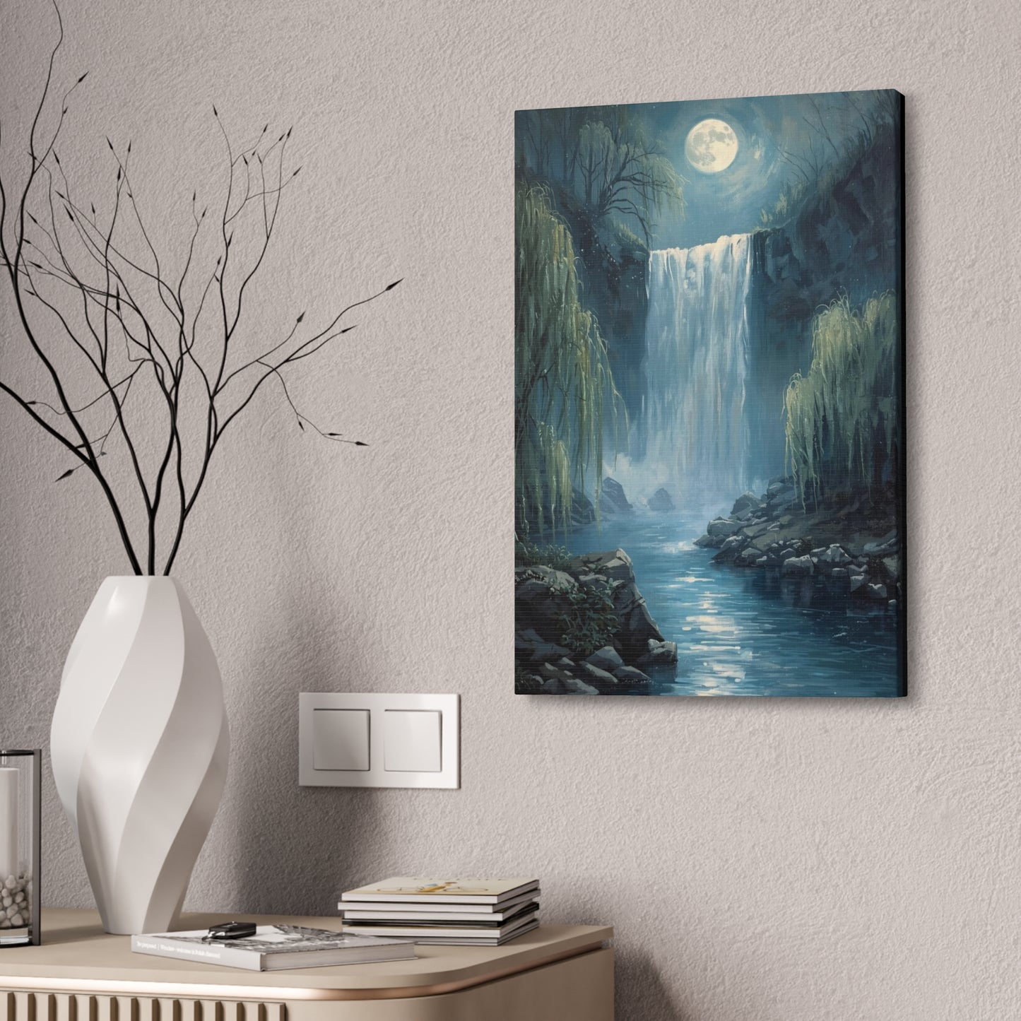 Moonlit Waterfall Canvas Art Print, Tranquil Wall Decor, Nature Landscape, Home Office Decoration, Gift for Nature Lovers, Serene Artwork