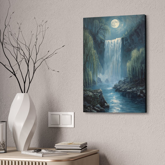 Moonlit Waterfall Canvas Art Print, Tranquil Wall Decor, Nature Landscape, Home Office Decoration, Gift for Nature Lovers, Serene Artwork