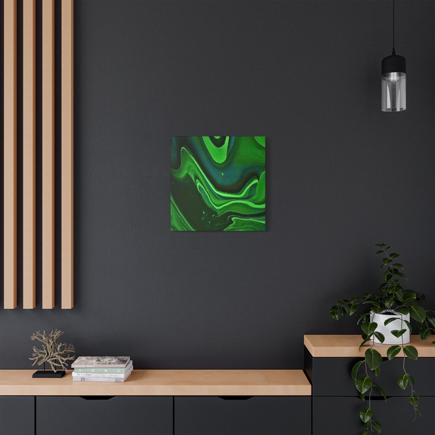 Hand Painted Abstract Green Fluid Art Satin Stretched Canvas Wall Art Print