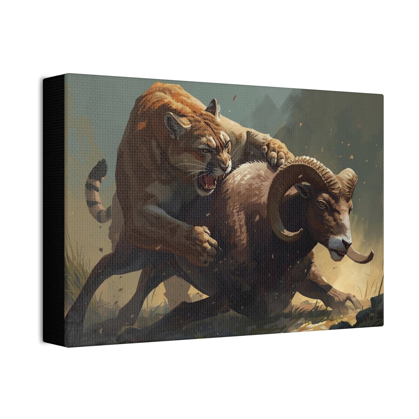 Canvas Art: Wildlife Mountain Lion vs Ram