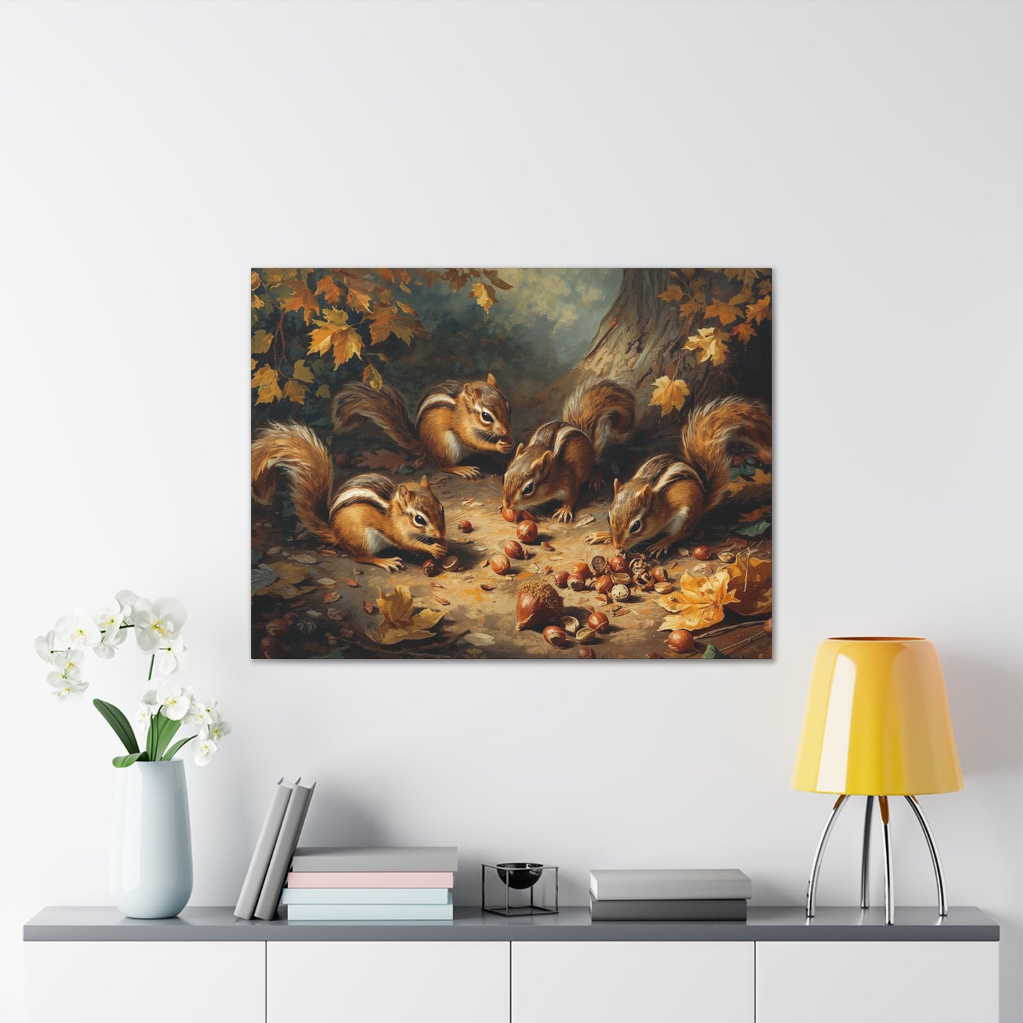 Canvas Wall Art, Chipmunks Gathering Acorns