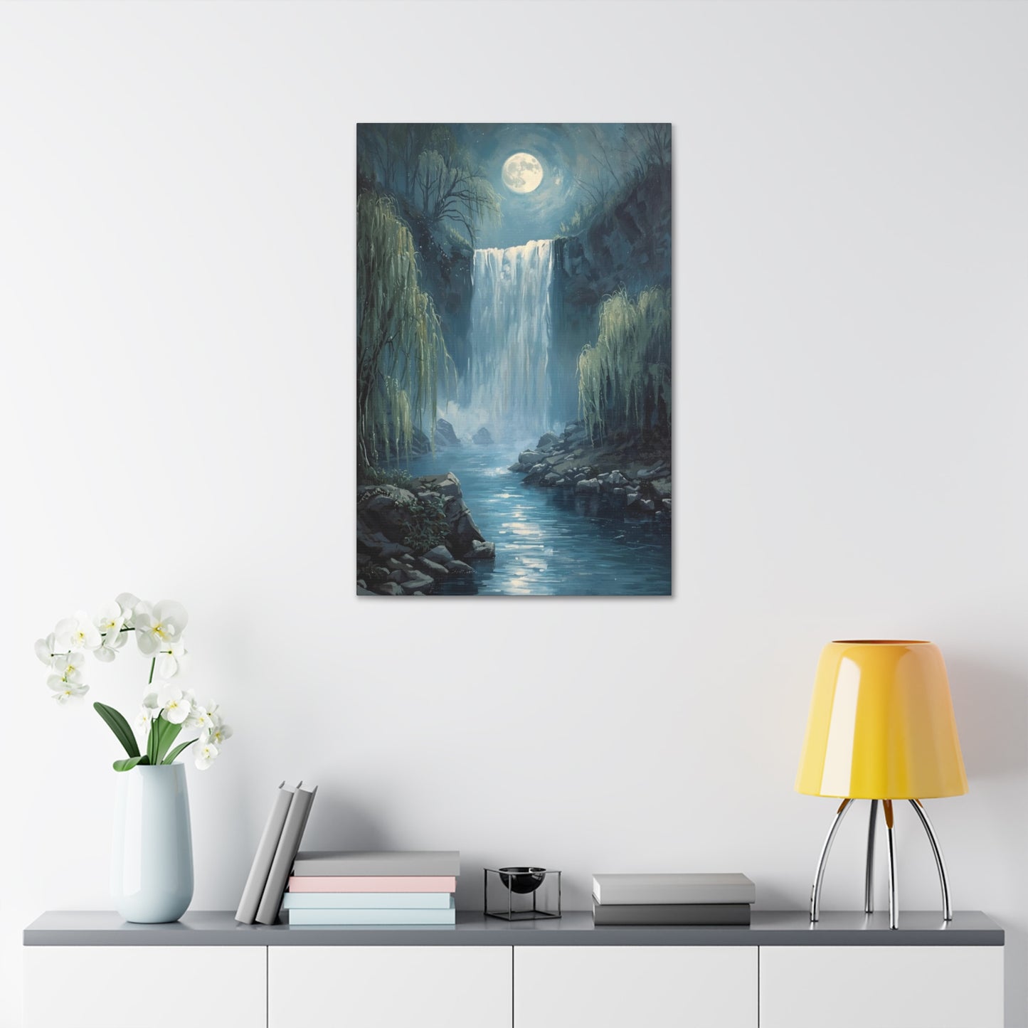 Moonlit Waterfall Canvas Art Print, Tranquil Wall Decor, Nature Landscape, Home Office Decoration, Gift for Nature Lovers, Serene Artwork
