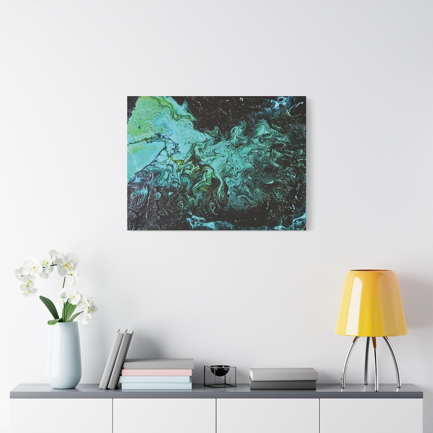 Hand Painted  "Turquoise Inception" Print Marble Abstract Satin Canvas Stretched | Fluid Art Wall Decor