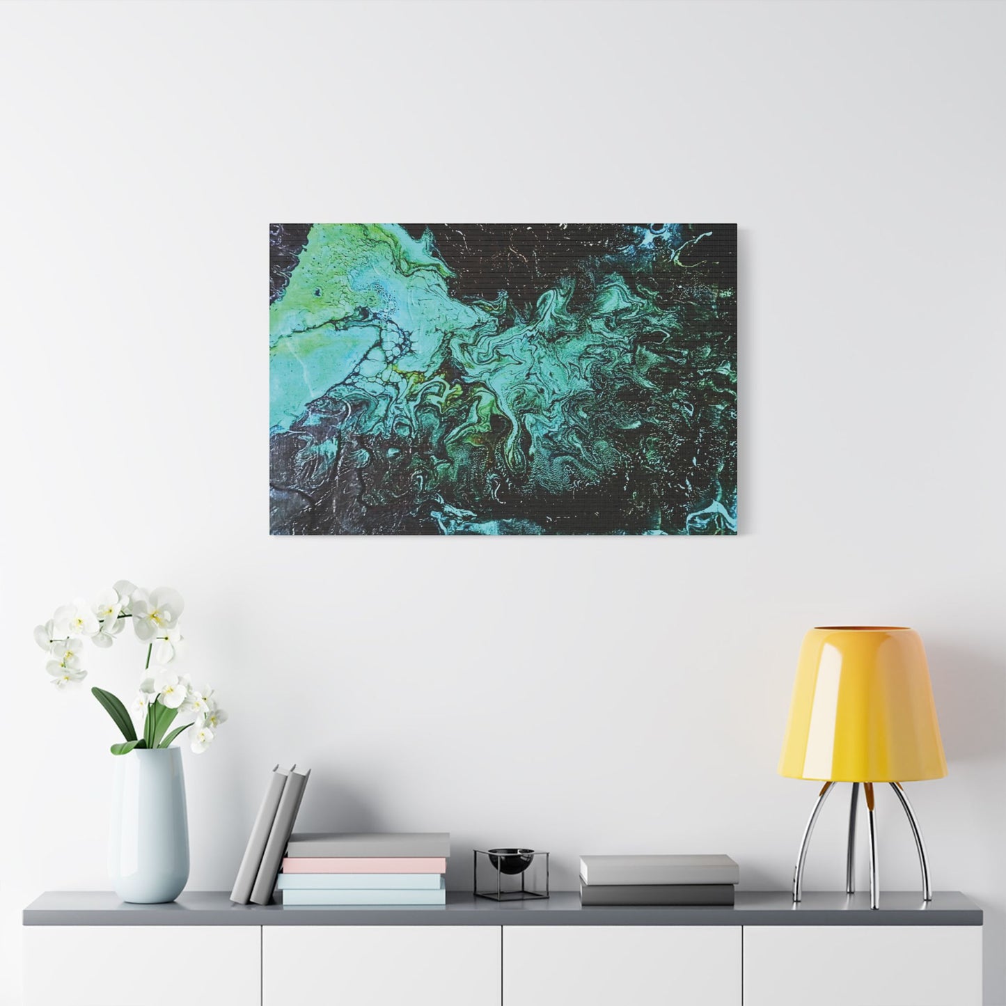 Hand Painted  "Turquoise Inception" Print Marble Abstract Satin Canvas Stretched | Fluid Art Wall Decor