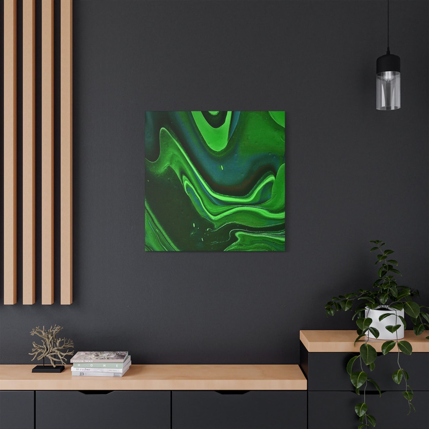 Hand Painted Abstract Green Fluid Art Satin Stretched Canvas Wall Art Print
