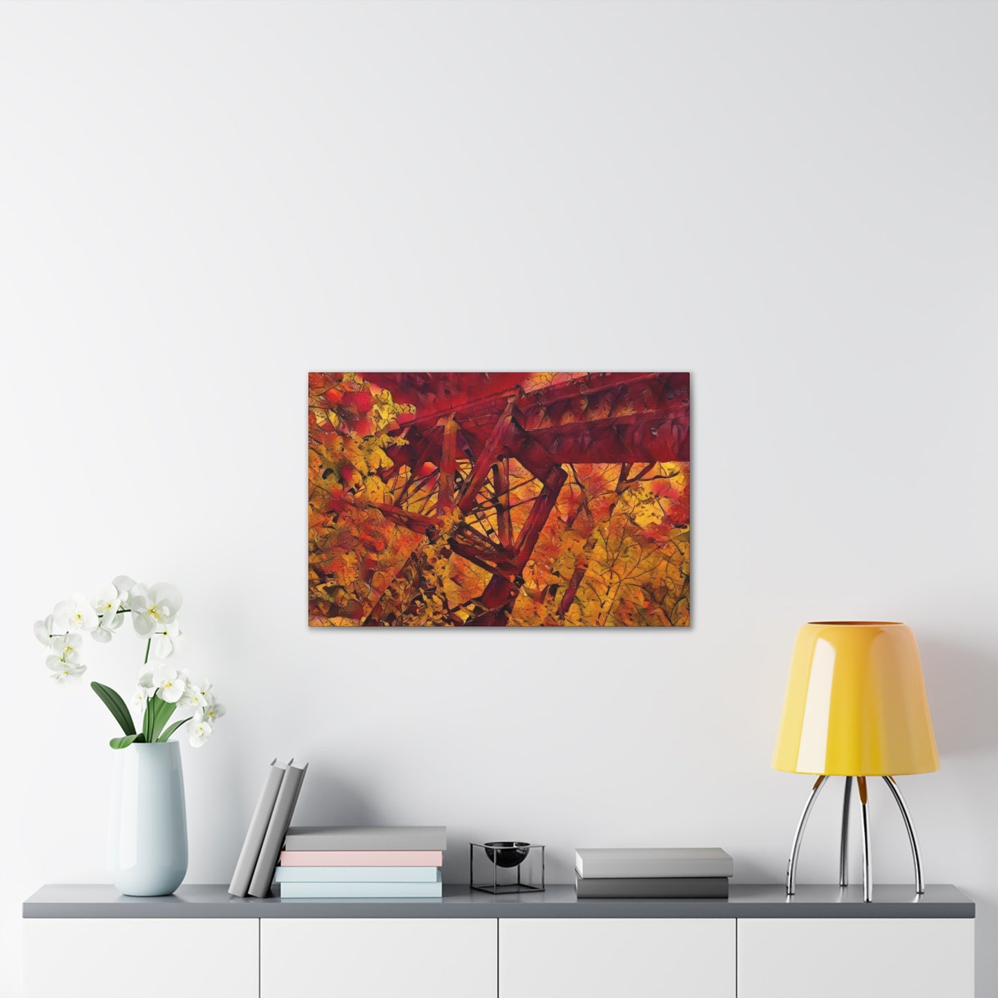 Vibrant Autumn Bridge Landscape Wall Decor