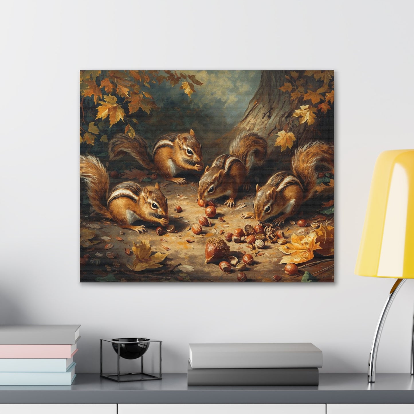 Canvas Wall Art, Chipmunks Gathering Acorns