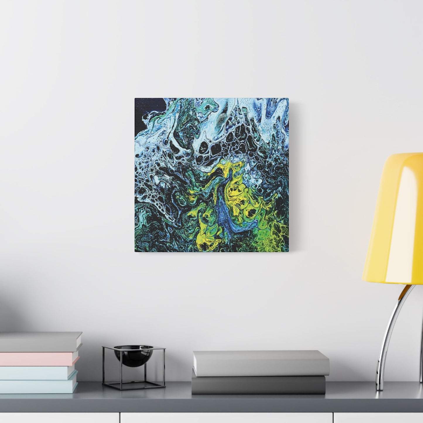 Hand Painted Abstract Ocean Fluid Art Print Satin Canvas Stretched | Blue Green Yellow