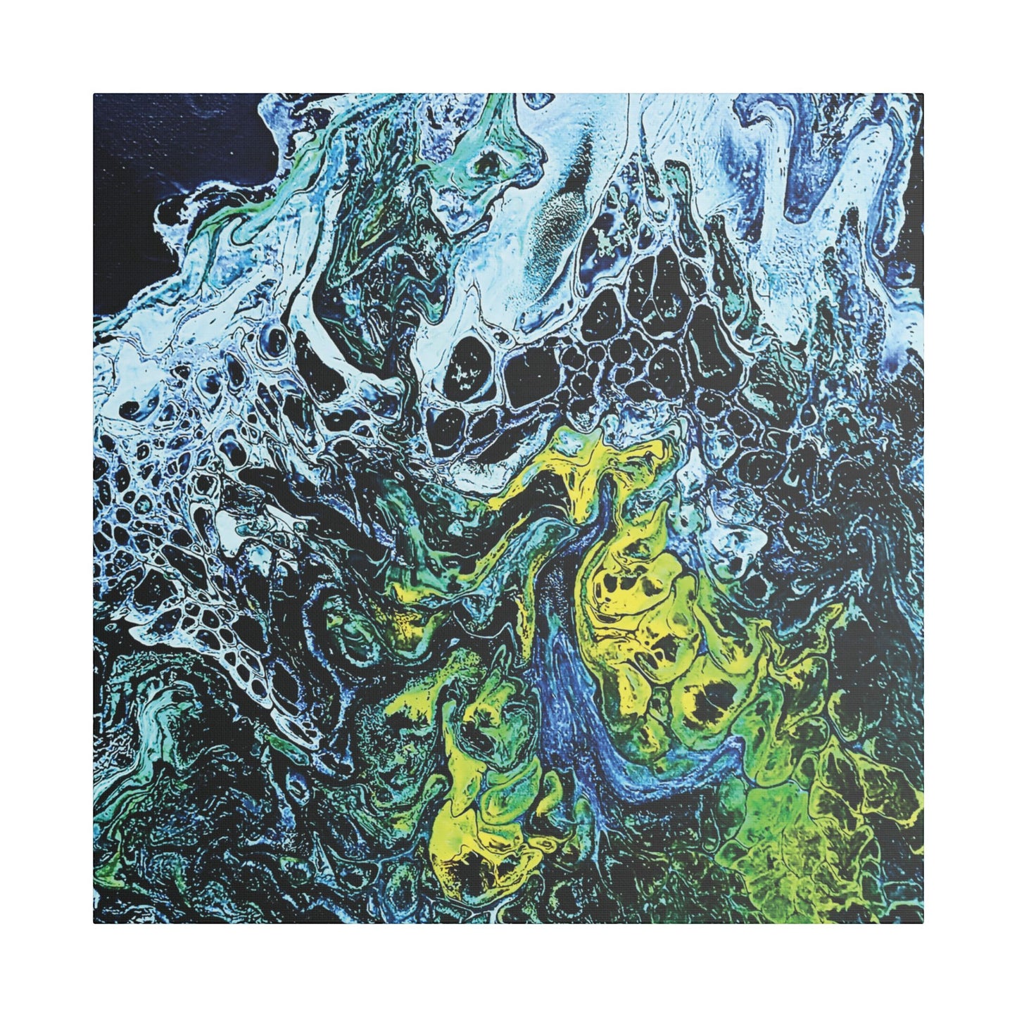 Hand Painted Abstract Ocean Fluid Art Print Satin Canvas Stretched | Blue Green Yellow