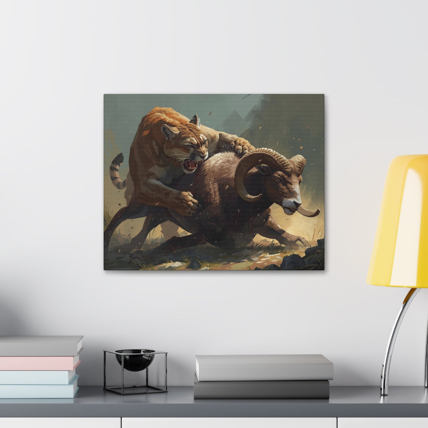 Canvas Art: Wildlife Mountain Lion vs Ram